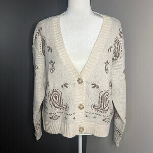 NWT American Eagle Woman’s Cream Brown Cropped Bandana Print Cardigan-‎ Size L